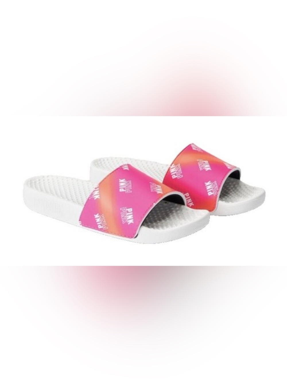 VS PINK Slide Sandals in pink & orange ombre with white textured footbed Size L